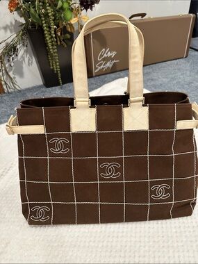 CHANEL Brown Canvas Tote with Cream Canvas Handles with COA